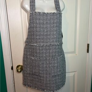 NWT FOREVER 21 Black White Tweed Overall Dress Fringe Sleeveless Pockets Size S